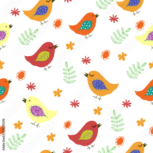 Funny colorful birds and flowers seamless pattern. Vector Illustration
