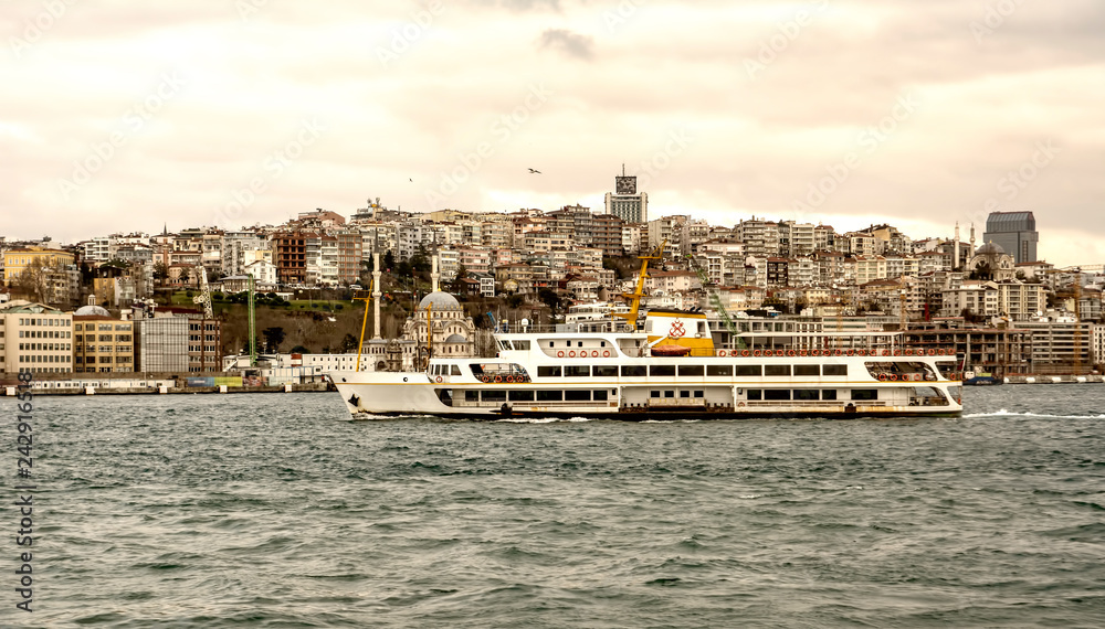 Beautiful View touristic landmarks from sea voyage on Bosphorus. turkish steamboats, view on Golden Horn.