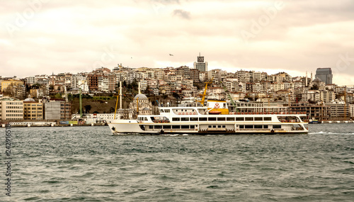 Beautiful View touristic landmarks from sea voyage on Bosphorus. turkish steamboats, view on Golden Horn. © blackdiamond67