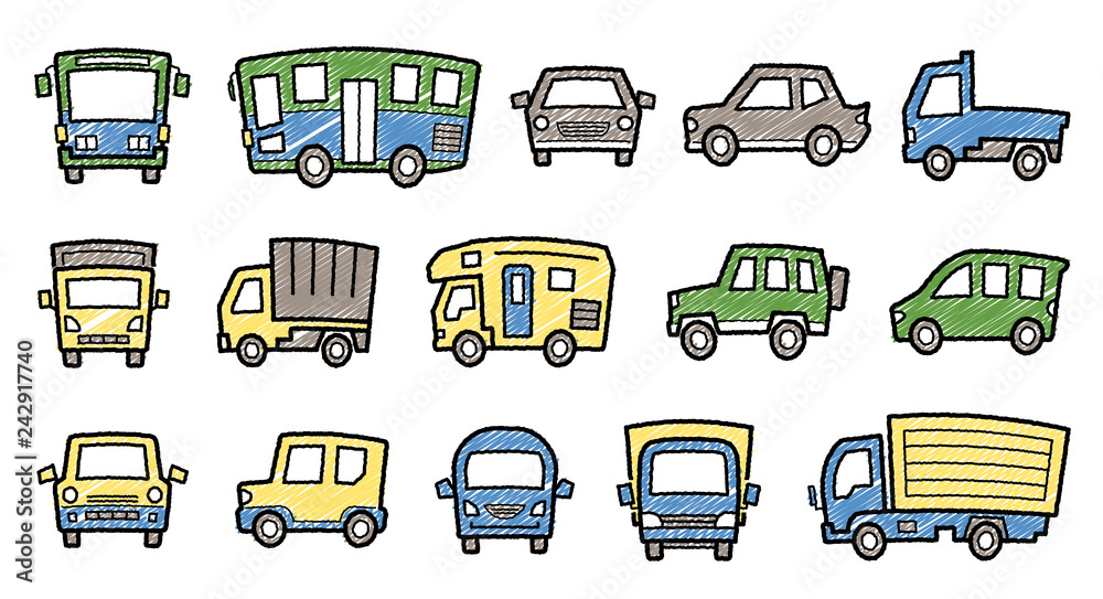 車のアイコンギャラリー 手書風線画に落書き風着色 上弦バージョン Stock Vector Adobe Stock