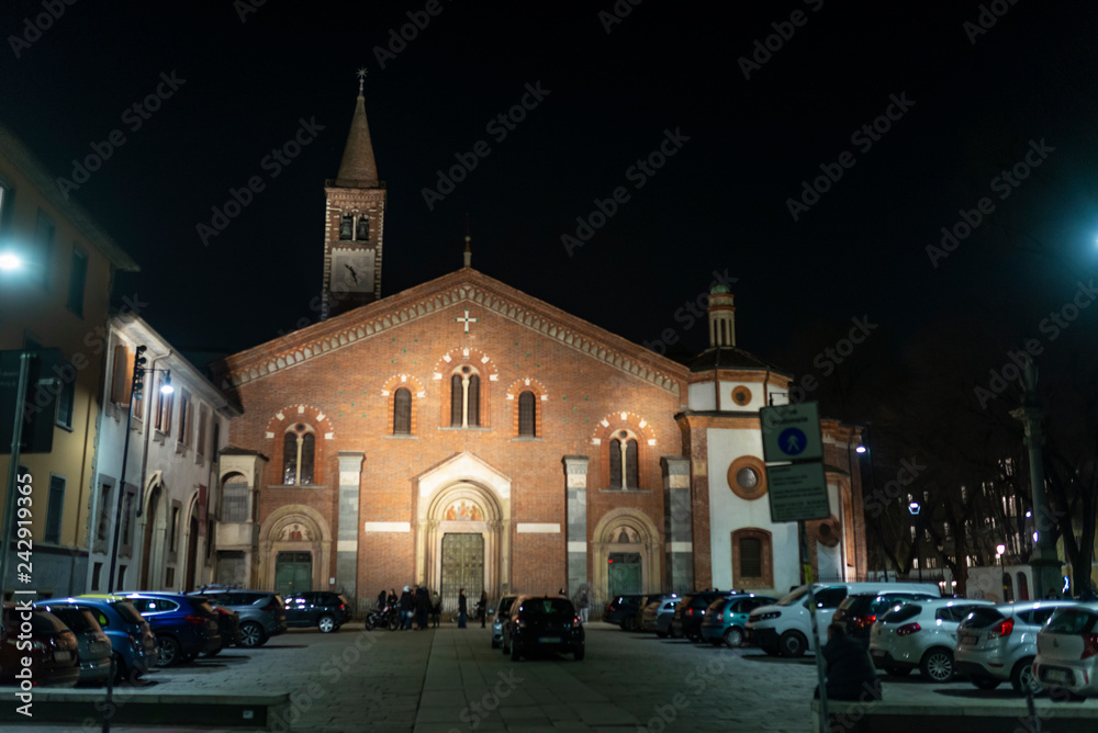 Fototapeta premium Basilica of Saint Eustorgio night lights, Milan