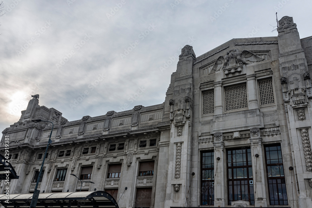 Facade of the Central Train Station in Milan, Italy