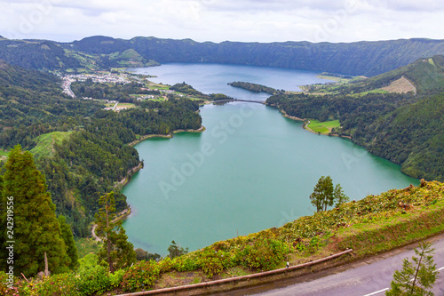 Picturesque view of the Lake of Sete Cidades ("Seven Cities Lake"), a volcanic crater lake on Sao Miguel island, Azores (Açores), Portugal. View from Vista do Rei viewpoint