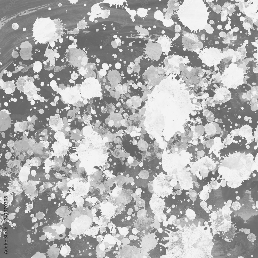 Gray paint splatter effect texture on white paper background. Artistic backdrop. Different paint drops. Gray paint splatter effect texture on white paper background. Artistic backdrop. Different paint drops.