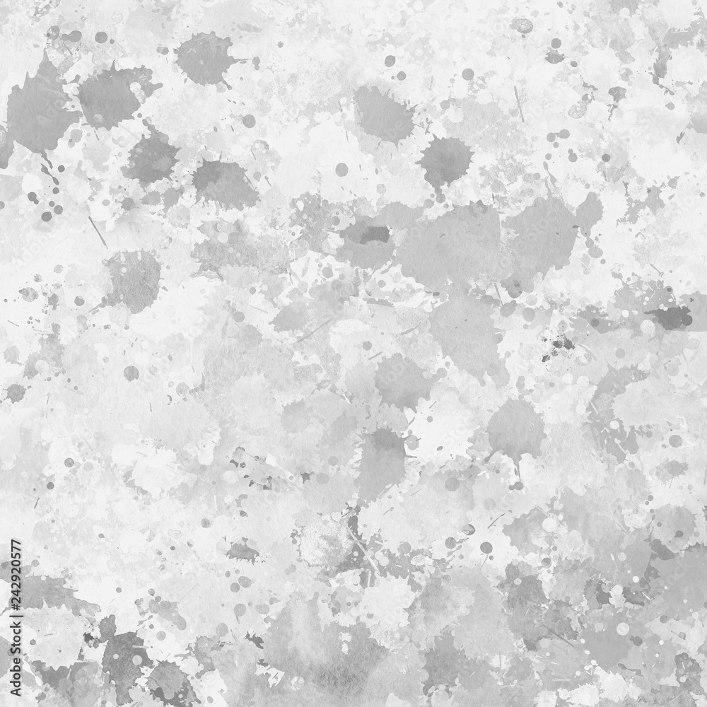 Fototapeta premium Gray paint splatter effect texture on white paper background. Artistic backdrop. Different paint drops.