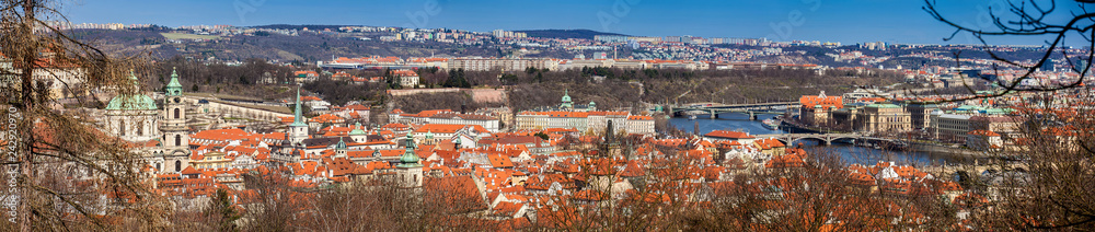Panorama of the Prague city at the begining of spring seen from Petřín Hill