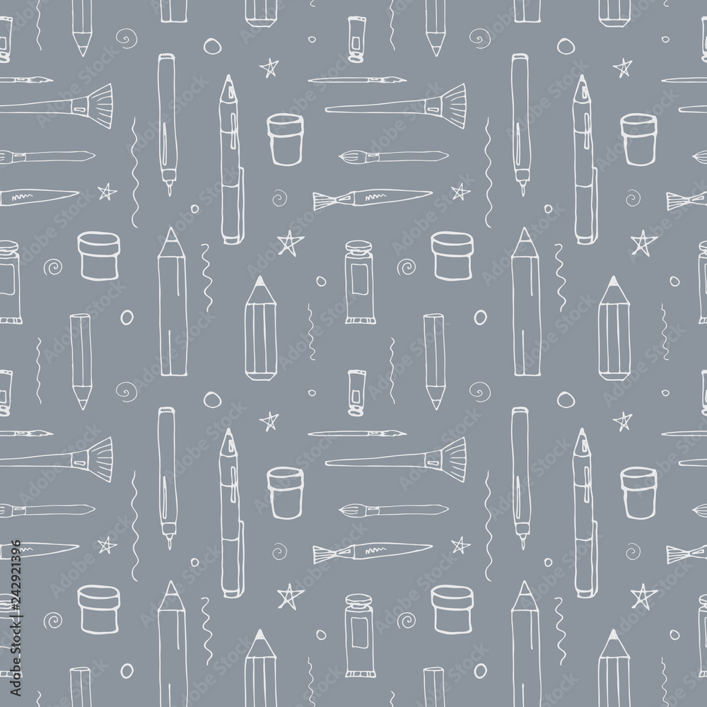 Vector seamless pattern with different drawing tools, in white color on a gray background, great for printing or textile design.Hand drawn,sketch Vector seamless pattern with different drawing tools, in white color on a gray background, great for printing or textile design.Hand drawn,sketch