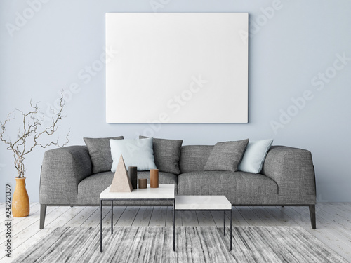 Mock up poster on hipster background, blue wall, decoration and sofa, 3d render, 3d illustration