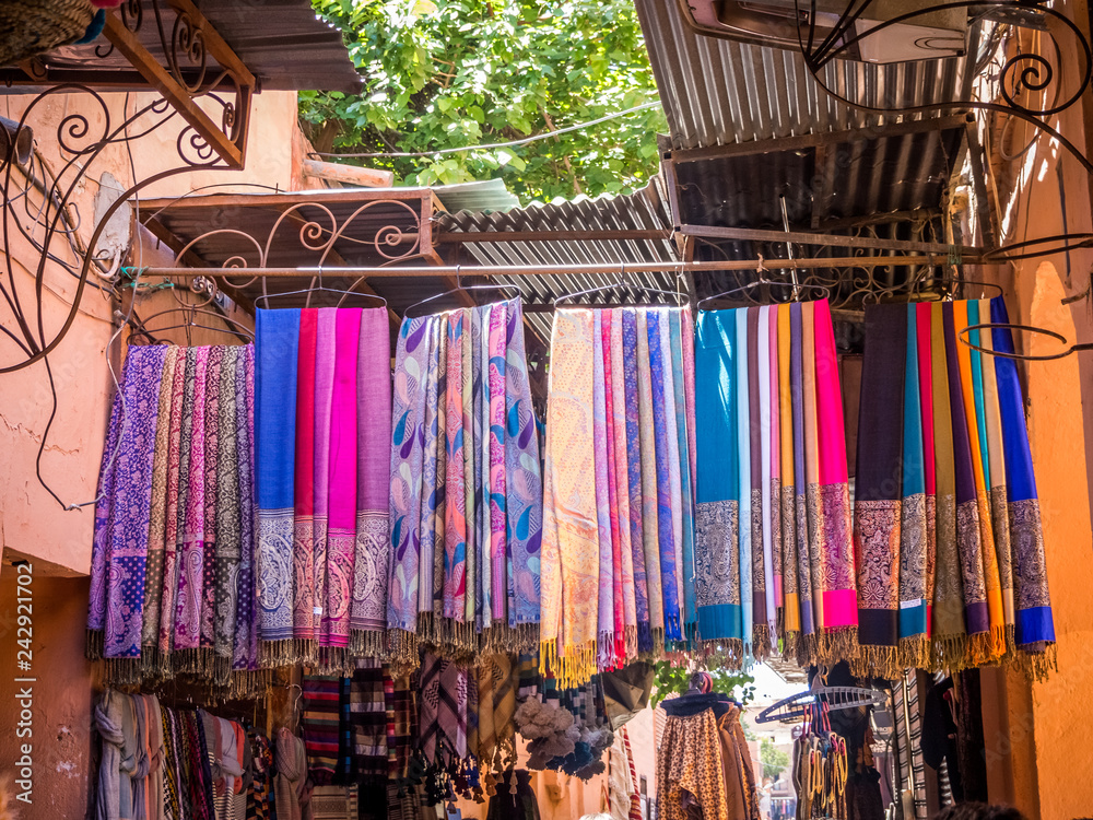 Traditional Colorful Moroccan scarves and shawls, Morocco also known as shesh (touareg turban). Handmade fabrics. Souk. scarfs market of the old medina in vibrant colors