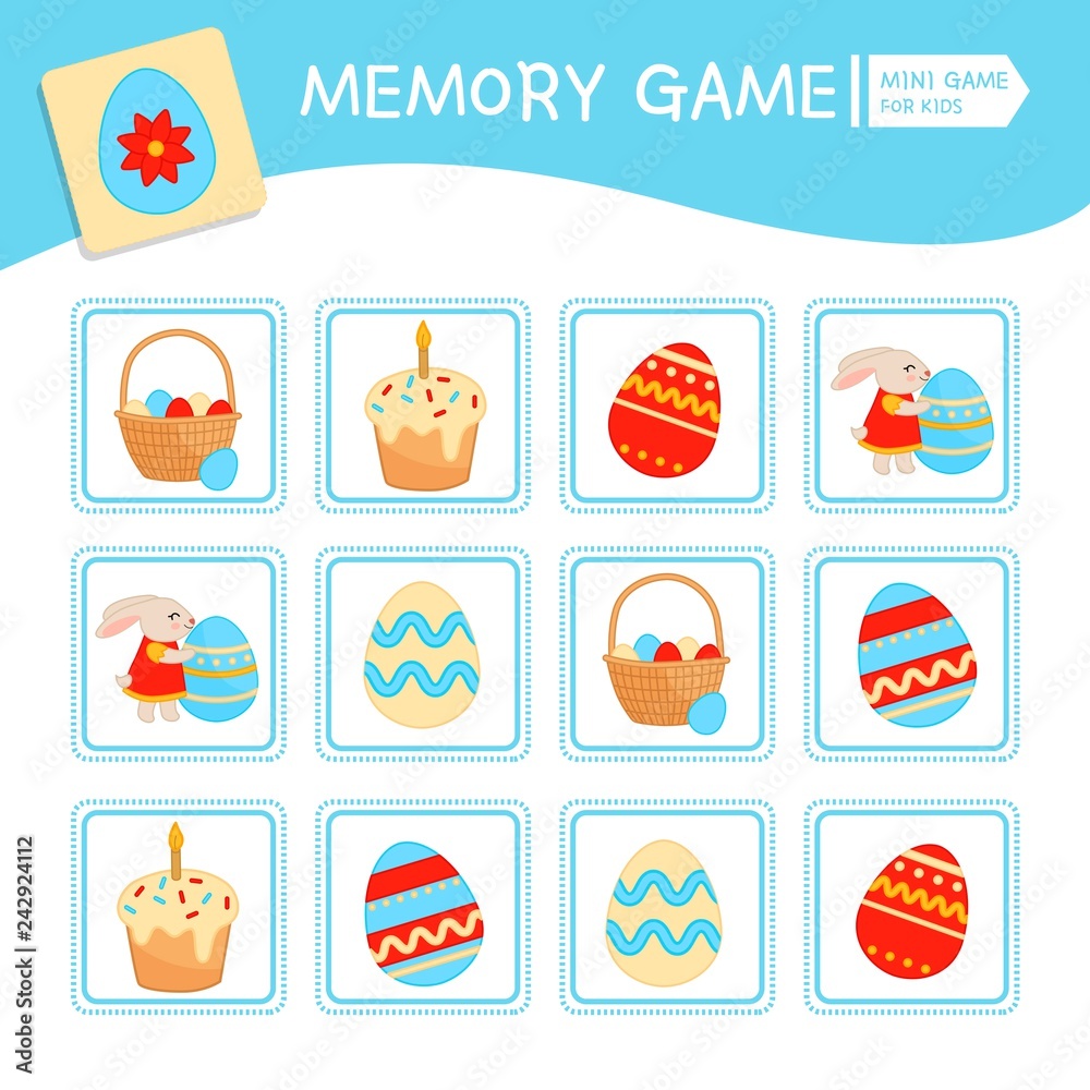 Memory game for preschool children, vector cards with Easter objects. Find two identical picture. Kids activity page for book. Memory game for preschool children, vector cards with Easter objects. Find two identical picture. Kids activity page for book.