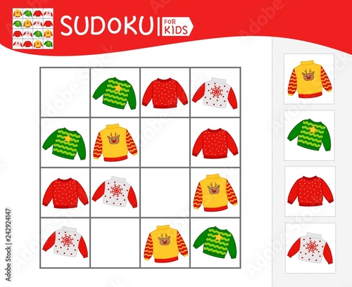 Sudoku game for children with pictures. Kids activity sheet.  Cartoon sweaters.