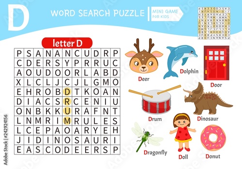 Words puzzle children educational game. Learning vocabulary. Letter D. Cartoon objects on a letter D.