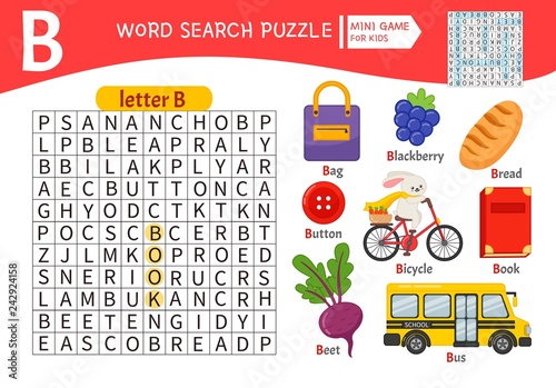 Words puzzle children educational game. Learning vocabulary. Letter B. Cartoon objects on a letter B.