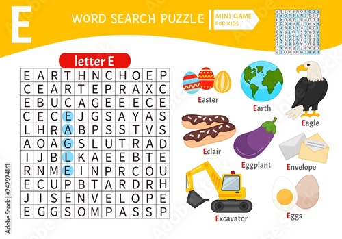 Words puzzle children educational game. Learning vocabulary. Letter E. Cartoon objects on a letter E.