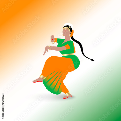 Indian dancing woman dressed in a traditional sari dress in national flag colors isolated on white backgroung