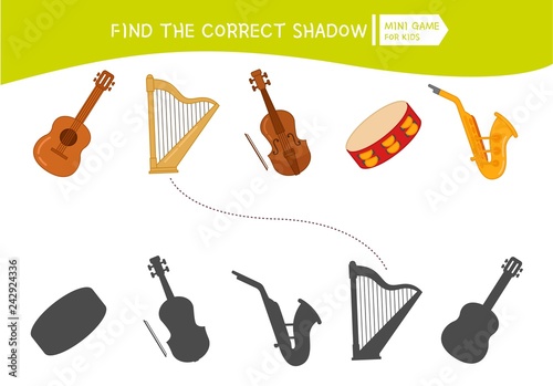 Educational  game for children. Find the right shadow. Kids activity with cartoon musical instruments.