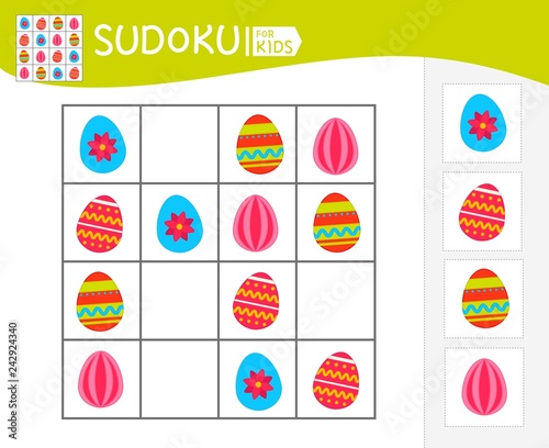 Sudoku game for children with pictures. Kids activity sheet.  Cartoon Easter egg.