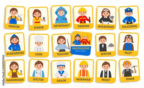 Educational cards for children Professions. Cartoon illustrations of people of different professions.