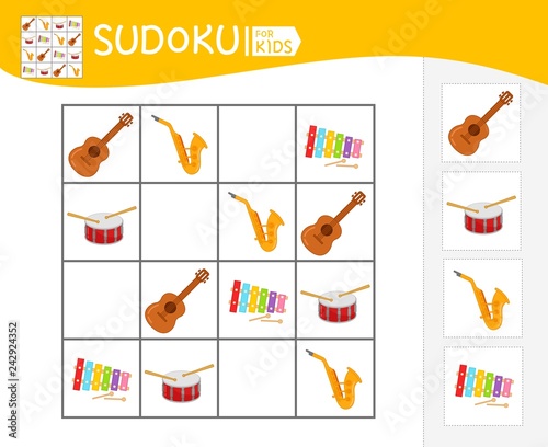 Sudoku game for children with pictures. Kids activity sheet.  Cartoon musical instruments.