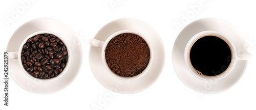 Coffee beans,ground coffee,and cup of black coffee isolated on white background.