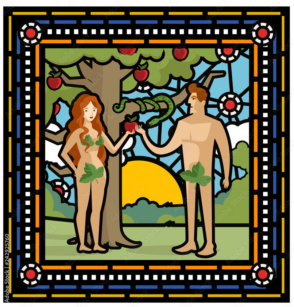 Obraz premium adam and eve and the snake taking apples in eden garden stained glass