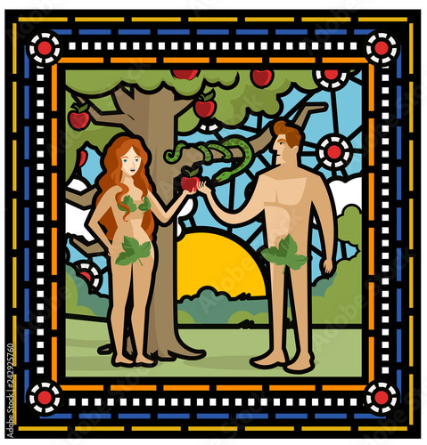 adam and eve and  the snake taking apples in eden garden stained glass