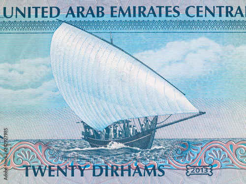 Dubai Creek Golf and Yacht Club on UAE 20 dirham note. United Arab Emirates AED currency money close up.. photo