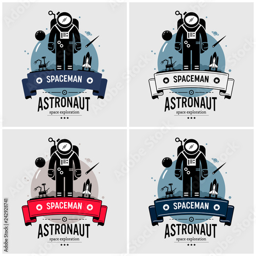 Astronaut spaceman logo design. Vector artwork of space exploration mission on moon, planet, stars, outer space, and the universe.