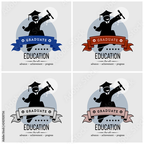 Student graduation logo design. Vector artwork of a graduated University degree holder jumping and holding on a scroll happily.