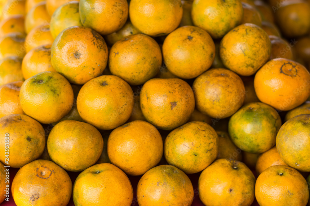 Orange garden,Fresh orange fruit in the orchard over blur orange leaves background and morning sun light,