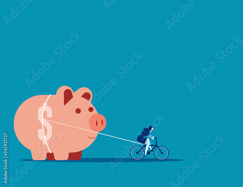Businesswoman and piggy bank. Concept business vector illustration, Assistance, Pulling, Saving.