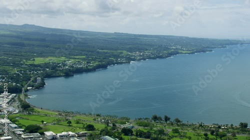 Aerial view of Hilo waterfront harbor city buildings