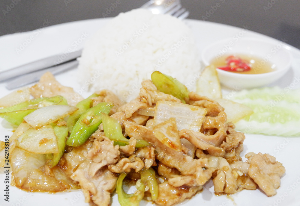 Fried Chicken with Pepper and rice plate / Stir fried chicken slice green pepper chilli onion