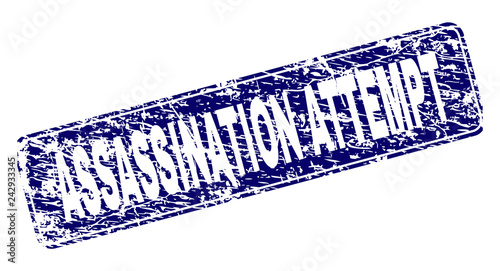 ASSASSINATION ATTEMPT stamp seal print with grunge texture. Seal shape is a rounded rectangle with frame. Blue vector rubber print of ASSASSINATION ATTEMPT label with dust texture.