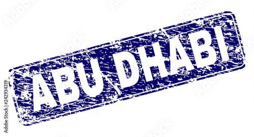 ABU DHABI stamp seal print with distress style. Seal shape is a rounded rectangle with frame. Blue vector rubber print of ABU DHABI label with dirty style.