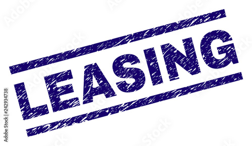 LEASING seal print with grunge style. Blue vector rubber print of LEASING text with dirty texture. Text label is placed between parallel lines.