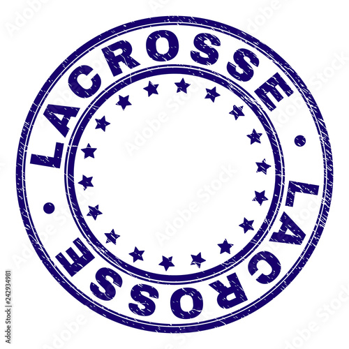 LACROSSE stamp seal imprint with grunge texture. Designed with circles and stars. Blue vector rubber print of LACROSSE tag with grunge texture.