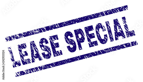LEASE SPECIAL seal imprint with grunge style. Blue vector rubber print of LEASE SPECIAL text with corroded texture. Text caption is placed between parallel lines.