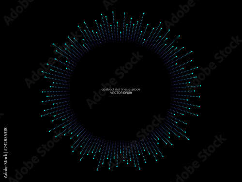 Abstract vector explosion circle frame with dots line equalizer pattern in blue green color isolated on black background with space for text in concept of music, technology, science, digital, AI