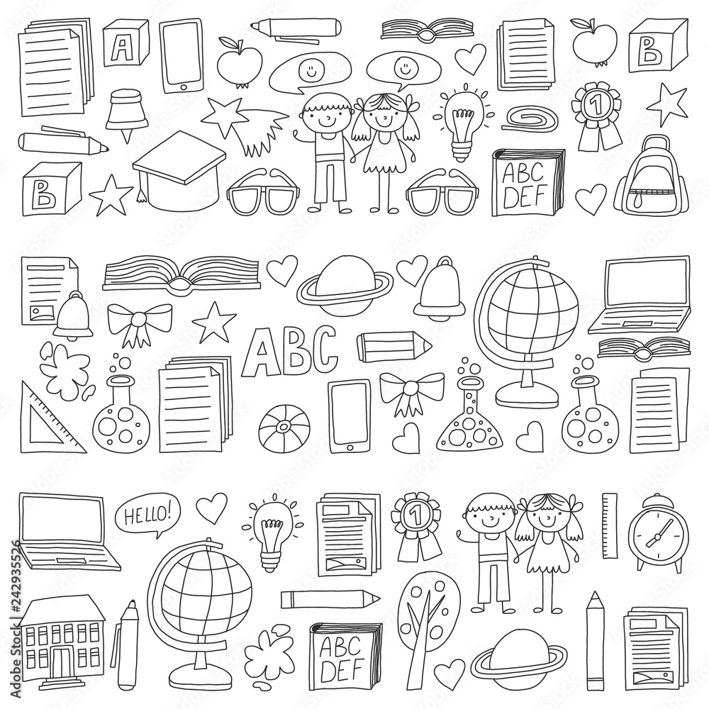 Vector set of secondary school icons in doodle style. Painted, black monochrome, pictures on a piece of paper on white background. Vector set of secondary school icons in doodle style. Painted, black monochrome, pictures on a piece of paper on white background.