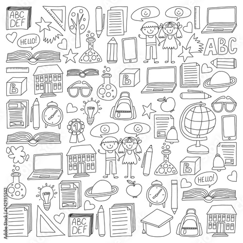 Vector set of secondary school icons in doodle style. Painted, black monochrome, pictures on a piece of paper on white background.