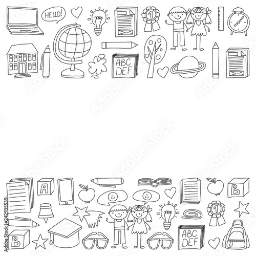 Vector set of secondary school icons in doodle style. Painted, black monochrome, pictures on a piece of paper on white background. © Cepheia
