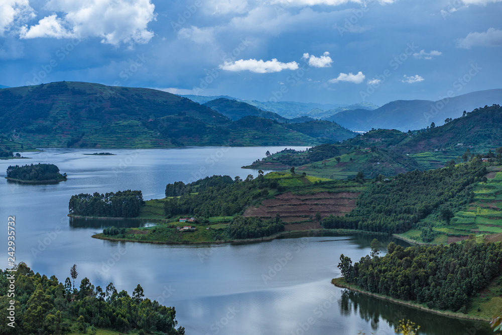 Panoramic view from Bunyonyi lake in Uganda