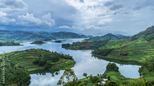 Panoramic view from Bunyonyi lake in Uganda photo
