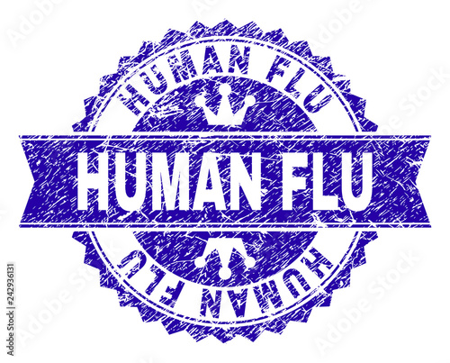 HUMAN FLU rosette seal watermark with distress texture. Designed with round rosette, ribbon and small crowns. Blue vector rubber watermark of HUMAN FLU text with scratched texture.