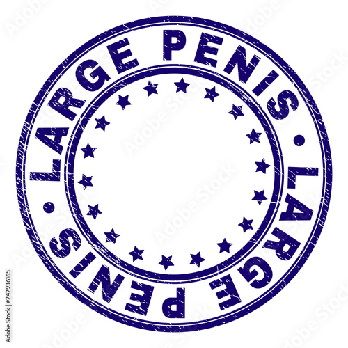 LARGE PENIS stamp seal watermark with grunge texture. Designed with circles and stars. Blue vector rubber print of LARGE PENIS title with dust texture.