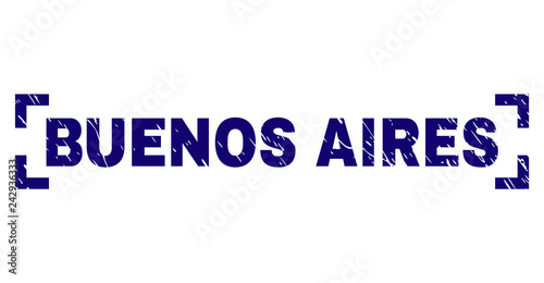 BUENOS AIRES title seal watermark with grunge texture. Text title is placed inside corners. Blue vector rubber print of BUENOS AIRES with scratched texture.