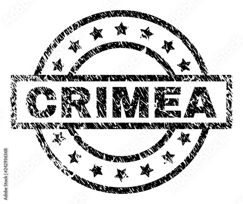 CRIMEA stamp seal watermark with distress style. Designed with rectangle, circles and stars. Black vector rubber print of CRIMEA label with unclean texture.
