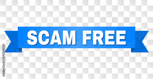 SCAM FREE text on a ribbon. Designed with white caption and blue tape. Vector banner with SCAM FREE tag on a transparent background.