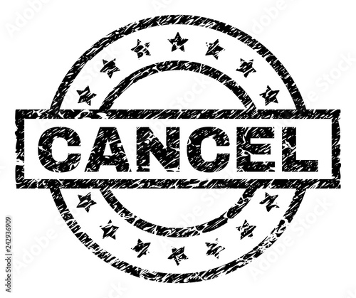 CANCEL stamp seal watermark with distress style. Designed with rectangle, circles and stars. Black vector rubber print of CANCEL caption with corroded texture.